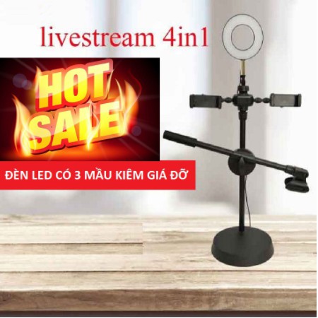 Đèn Live Stream 4in1, Để Bàn Có Chân Đỡ Micro LivesTream Hai Điện Thoại - Bộ Giá Đỡ Điện Thoại Livestream 4in1