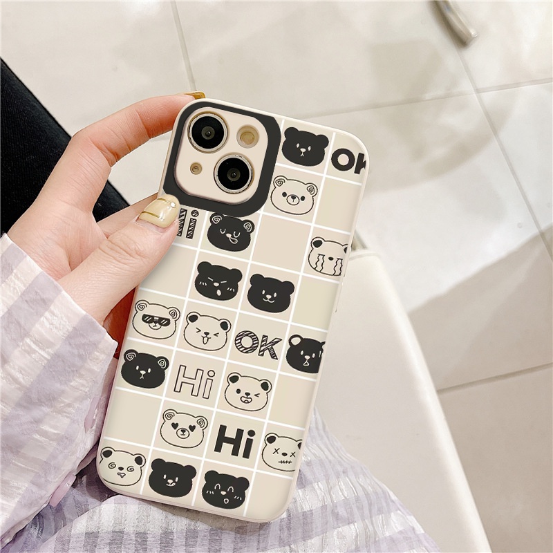 Ốp điện thoại iphone họa tiết mặt gấu cảm xúc ốp iphone vuông caro trắng đen cho 13 12 11 11Pro Max 7Plus X XSMax 6 6s
