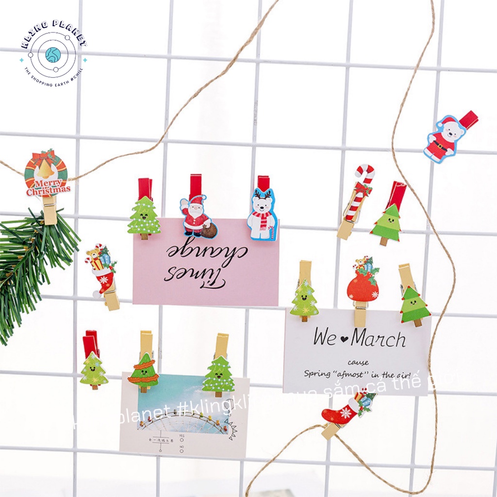 Kẹp gỗ Giáng sinh kèm dây gai kẹp ảnh/thiệp, quà tặng Noel Merry Christmas, decor trang trí phòng xinh xắn