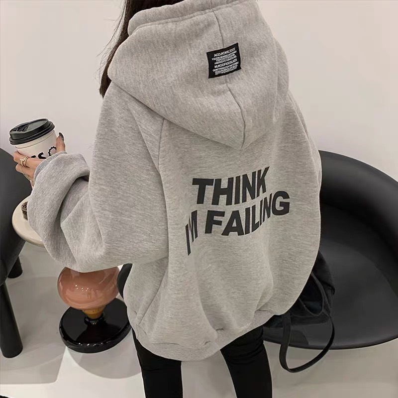 Áo hoodie nữ form rộng THINK I'M FAILING, áo hoodie form rộng nữ màu xám, hồng thời trang quảng châu chất đẹp
