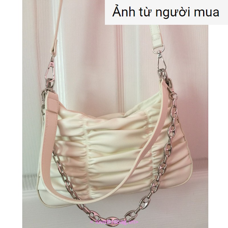 [Mã FASHIONCB264 giảm 10K đơn bất kỳ] Túi đeo vai hình vuông ngang xếp ly phối dây xích sành điệu cho nữ