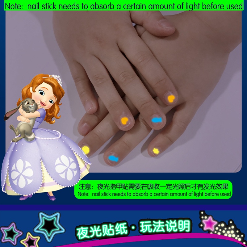 Miếng dán trang trí móng tay chủ đề công chúa Disney màu dạ quang dễ thương cho bé