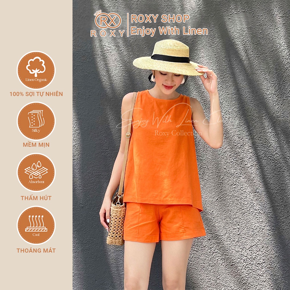Set Đồ Nữ Linen Quần Short Kết Hợp Áo Sát Nách Nút Sau Xẻ Tà
