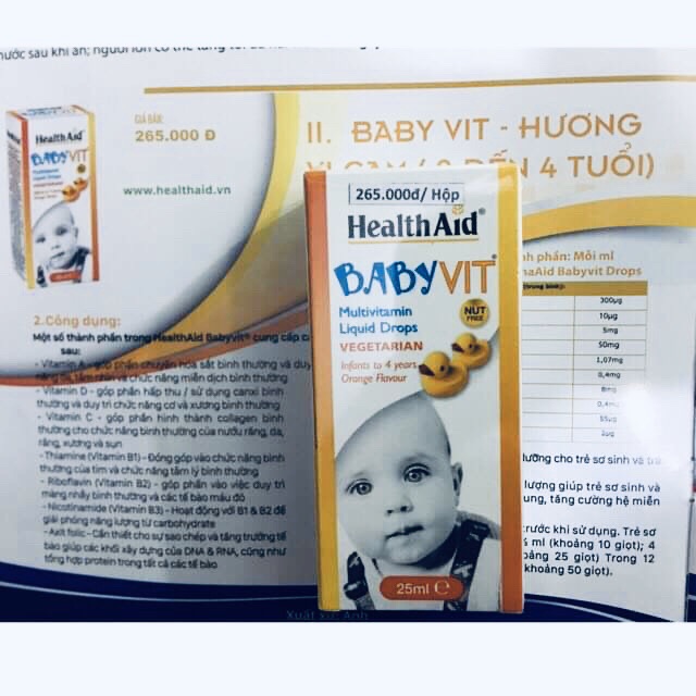 HealthAid Baby Vit - Hương vị cam (cung cấp vitamin A,D,C,E,B1,B2,B6,B12,Niacin,Folic Acid...)(sx:ANH)