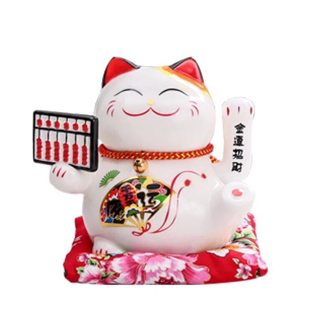 Mèo Thần Tài May Mắn Maneki Neko 16cm Vẫy Tay (Kèm Pin Và Đệm)