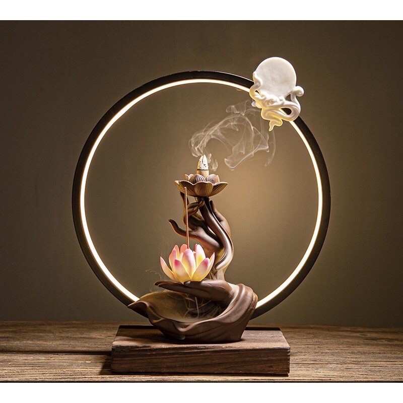 Thác khói trầm hương đèn led phật thủ liên hoa (Tặng10 nụ trầm)