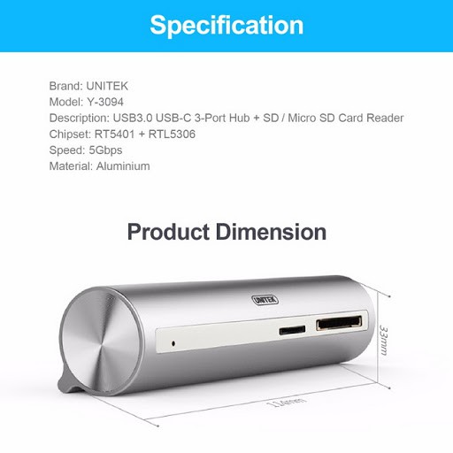 Bộ chia cổng USB TypeC sang 3 cổng USB 3.0 + Khe đọc thẻ nhớ - Card đọc thẻ nhớ TypeC USB 3.0