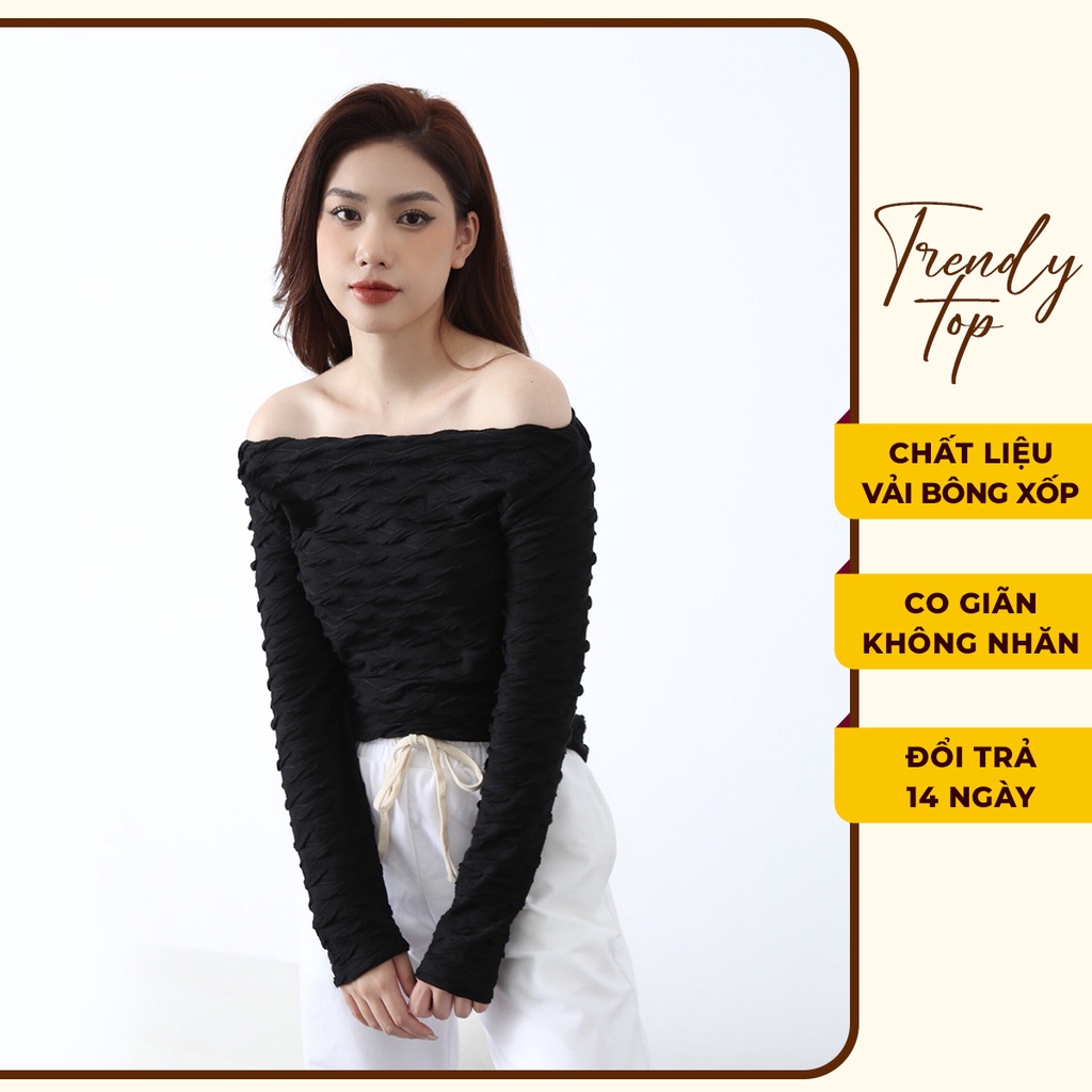 Áo thun dài tay - Áo kiểu cổ thuyền họa tiết lượn sóng chất liệu bông xốp chống nhăn TRENDY TOP