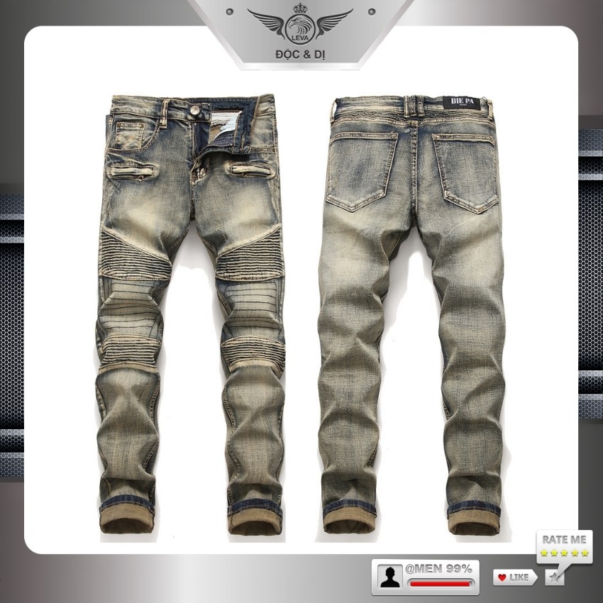 Quần jean nam cao cấp ống ôm LEVAMEN chất liệu vải bò jeans co giãn nhẹ Motorbike nhăn gối QJ003