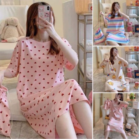 #hot Váy Ngủ Cộc Tay Đầm Ngủ Dáng Suông Chất Cotton Mềm Mát