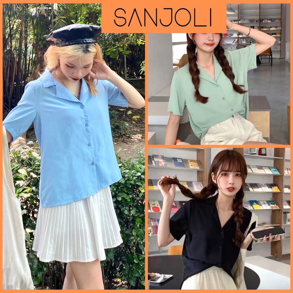 Áo sơ mi nữ Hàn Quốc form rộng SANJOLI Áo Sơ Mi công sở tay lỡ cộc tay kiểu đẹp, trắng đen nhiều màu cao cấp AO003