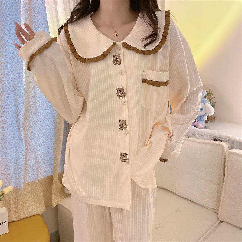 Bộ Đồ Ngủ Tay Dài Cổ Búp Bê In Họa Tiết Hoạt Hình Dễ Thương Thời Trang Xuân Thu Cho Nữ