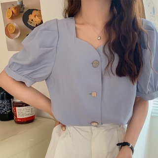 Áo Sơ Mi Chiffon Tay Phồng Cổ Vuông Phong Cách Retro Hàn Quốc