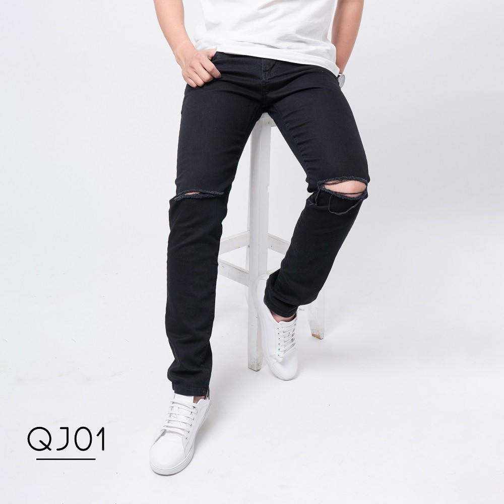 Quần jean nam rách gối co giãn đen cao cấp