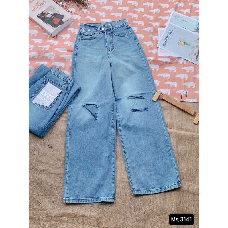 Baggy Jeans Ống Suông Túi Nắp Rách 3 Line