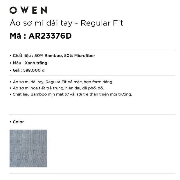 Áo Sơ Mi Nam Dài Tay Owen AR23376D Somi Công Sở Cao Cấp Màu Xanh Họa Tiết Ô Vuông Trắng Dáng Suông Có Túi Chất Sợi Tre | BigBuy360 - bigbuy360.vn