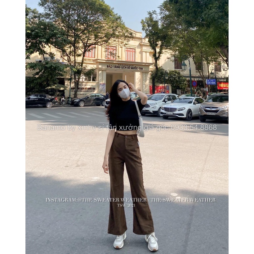 Quần ống loe cạp cao chất nhung tăm dài 100cm hack chân tôn dáng màu đen nâu kem thời trang Banamo Fashion 451 | BigBuy360 - bigbuy360.vn