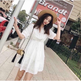 Đầm dự tiệc xô phối ren siêu xinh, đầm trắng xòe thanh lịch