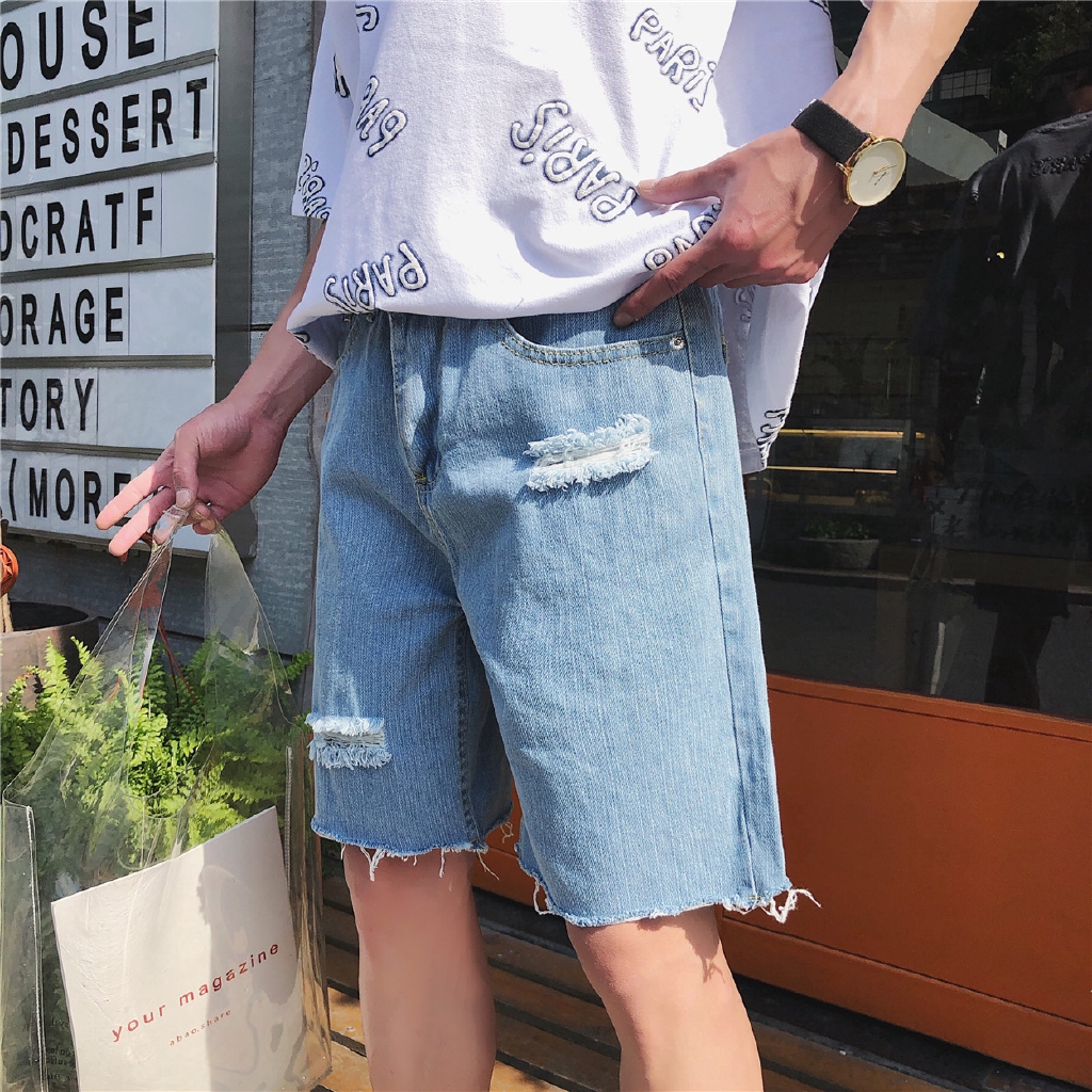 Quần Short Denim Phối Rách Cá Tính Theo Phong Cách Hàn Quốc Dành Cho Nam