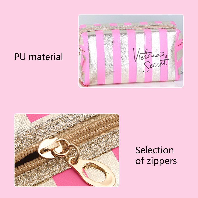 Túi Đựng Mỹ Phẩm Bằng Da PU Họa Tiết Sọc Vàng Ánh laser Nhỏ Gọn Tiện Dụng Cho Nữ