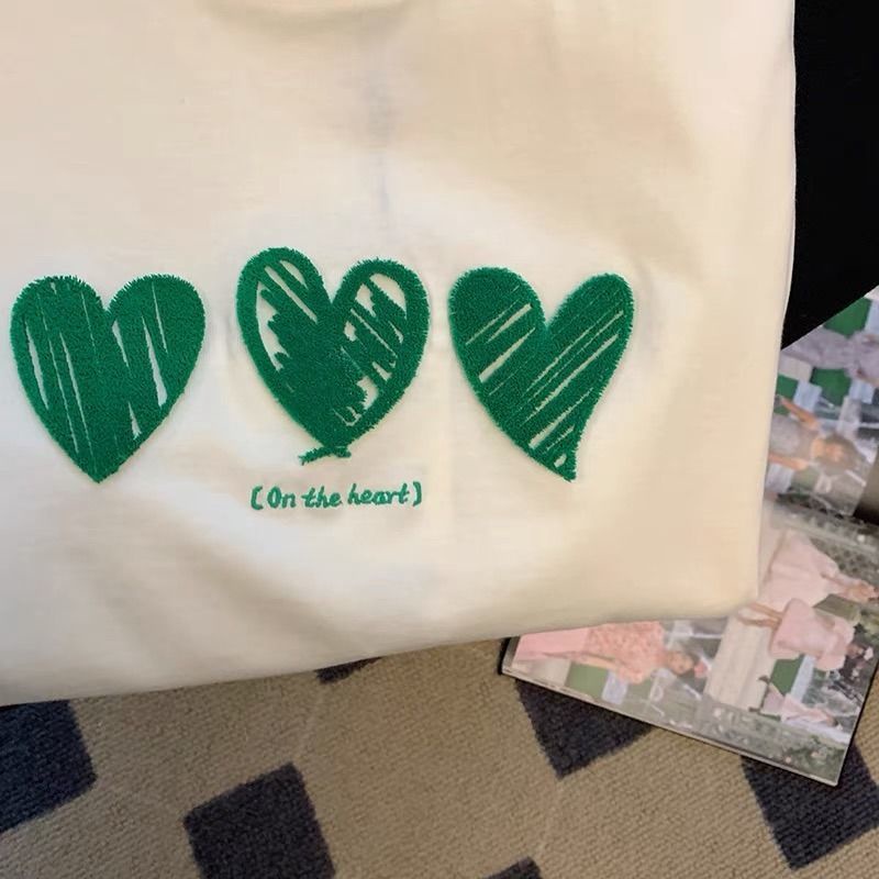 Áo Thun Cotton Ngắn Tay Thêu Họa Tiết Trái Tim Xinh Xắn Dành Cho Nữ