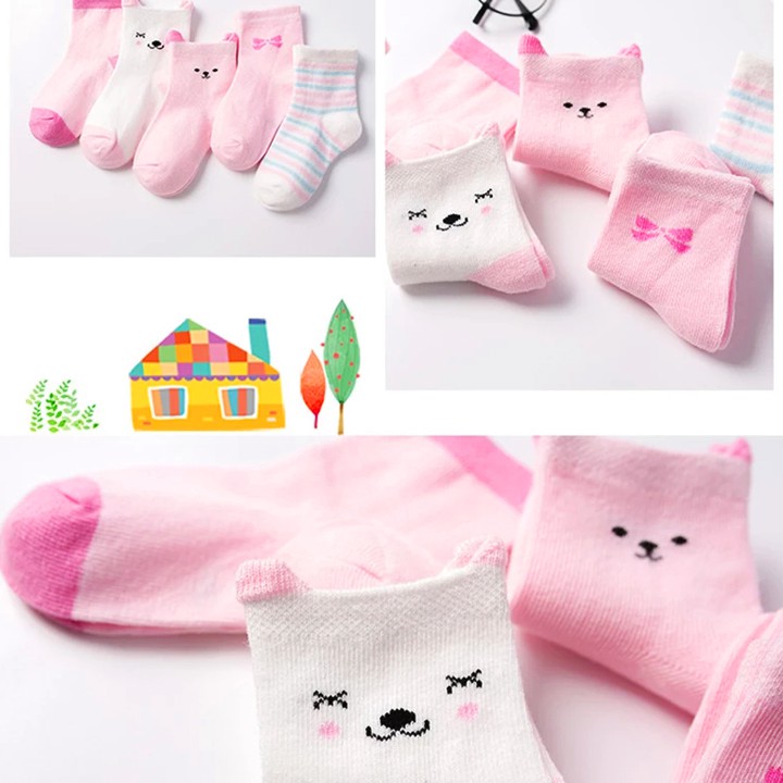 Set 5 đôi tất lưới cổ cao cho bé 0-2 tuổi chất cotton chống trơn trượt hình thú phối màu sắc đáng yêu BBShine – T017