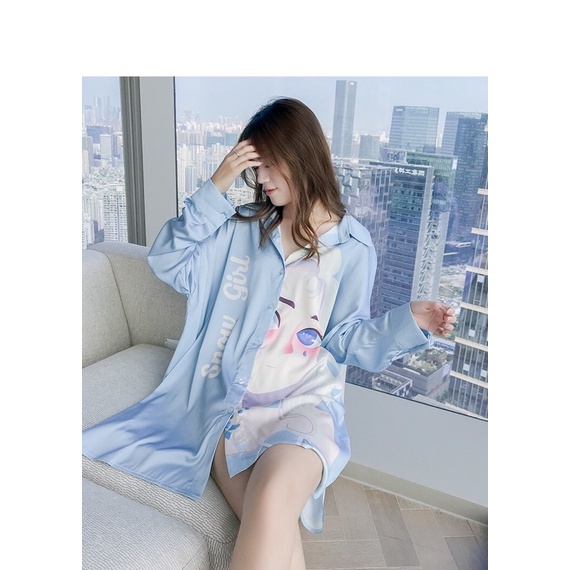 Váy ngủ sơ mi lụa tay dài rock girl &amp; snow girl blue lụa satin cao cấp quảng châu T006.