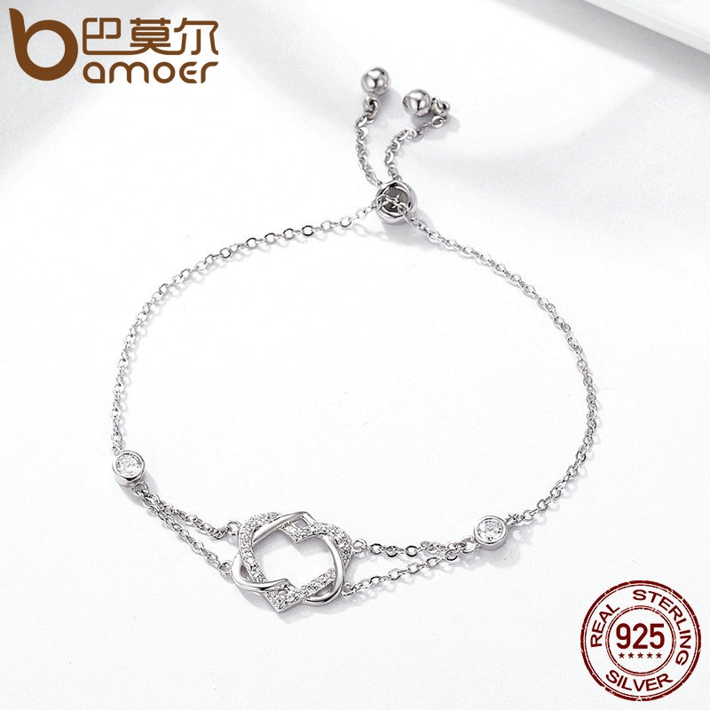 Vòng Đeo Tay Bamoer SCB022 Bằng Bạc Sterling 925 Dây Mắt Xích Họa Tiết Trái Tim Đôi Cho Nữ