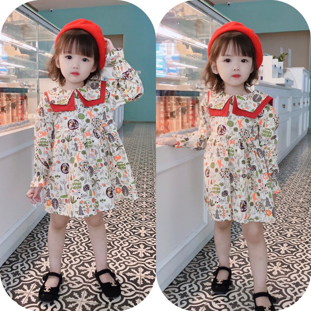 Váy baby doll cổ bích dài tay in hình cute cho bé | BigBuy360 - bigbuy360.vn