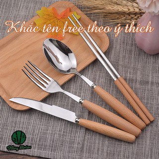 [Set 4] gồm dao, muỗng, đũa, nĩa Inox cán gỗ tặng kèm hộp lúa mạch | Khắc tên free.