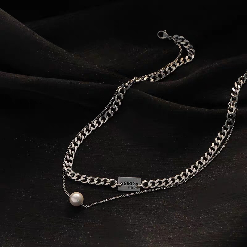 Vòng cổ Bằng Thép Titan Đính Ngọc Trai Phong Cách Hip Hop Thời Trang