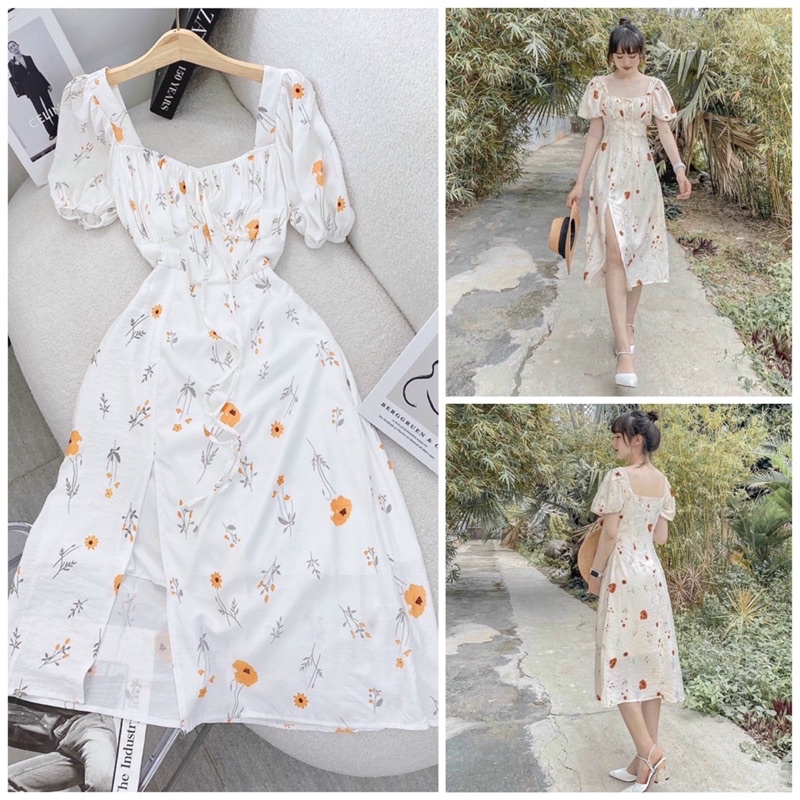 Đầm midi xẻ tà màu trắng hoa nhí cam nhún ngực tay phồng NÀNG CLOSET