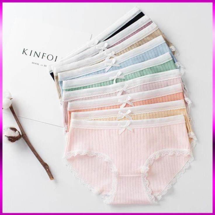 Quần lót cotton quần lót nữ gân tăm viền phối nơ cạp lưới