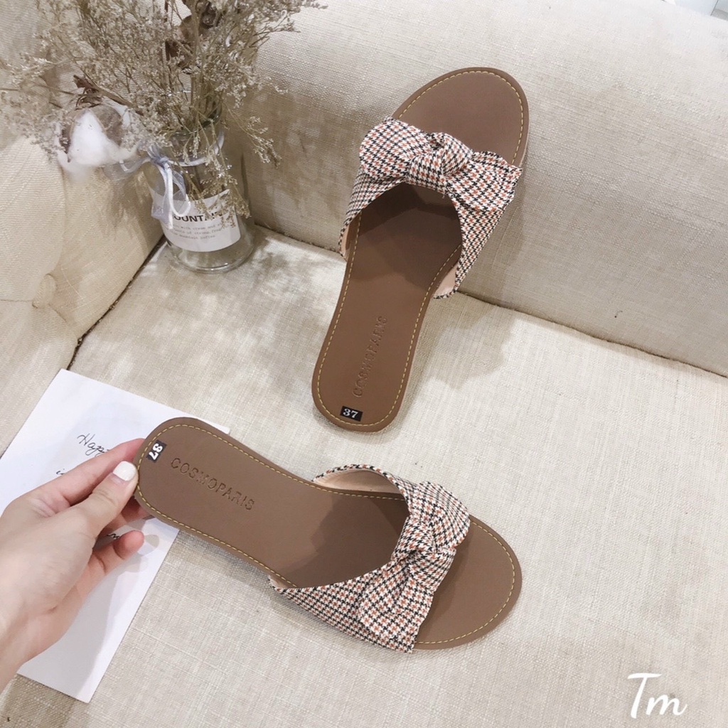 Dép bệt caro nơ nâu thời trang