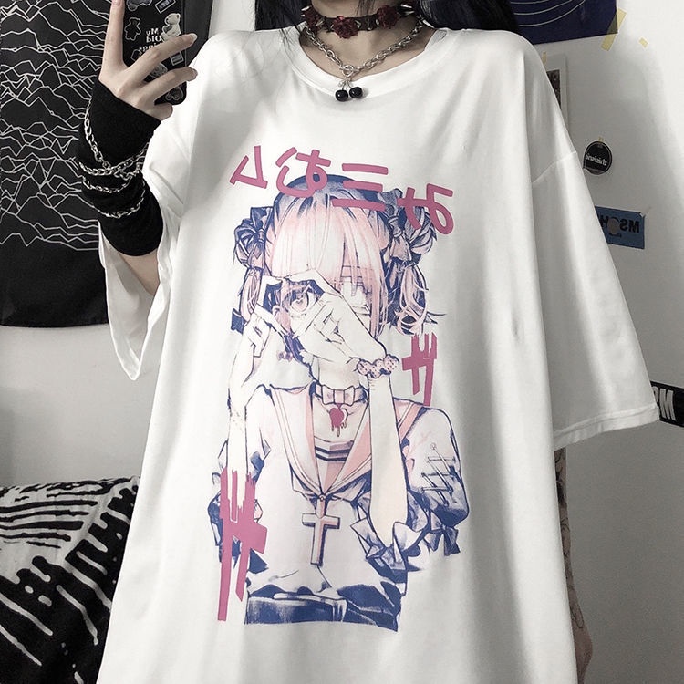 Áo thun ngắn tay dáng rộng in hình cô gái anime phong cách mùa hè Hàn Quốc thời trang harajuku cho nữ sinh
