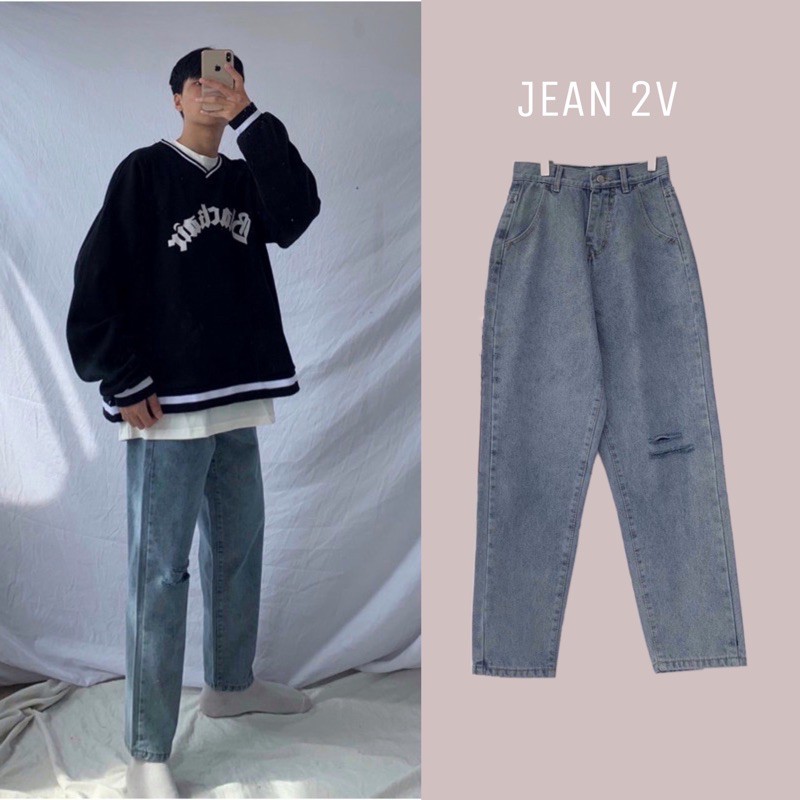 Quần Baggy Jean Rách Gối 2V Unisex (Ảnh Thật)