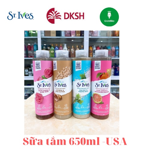 Sữa tắm St.ives 650ml hương cam chanh tự nhiên, muối biển, yến mạch, hoa hồng lô hội -Mỹ