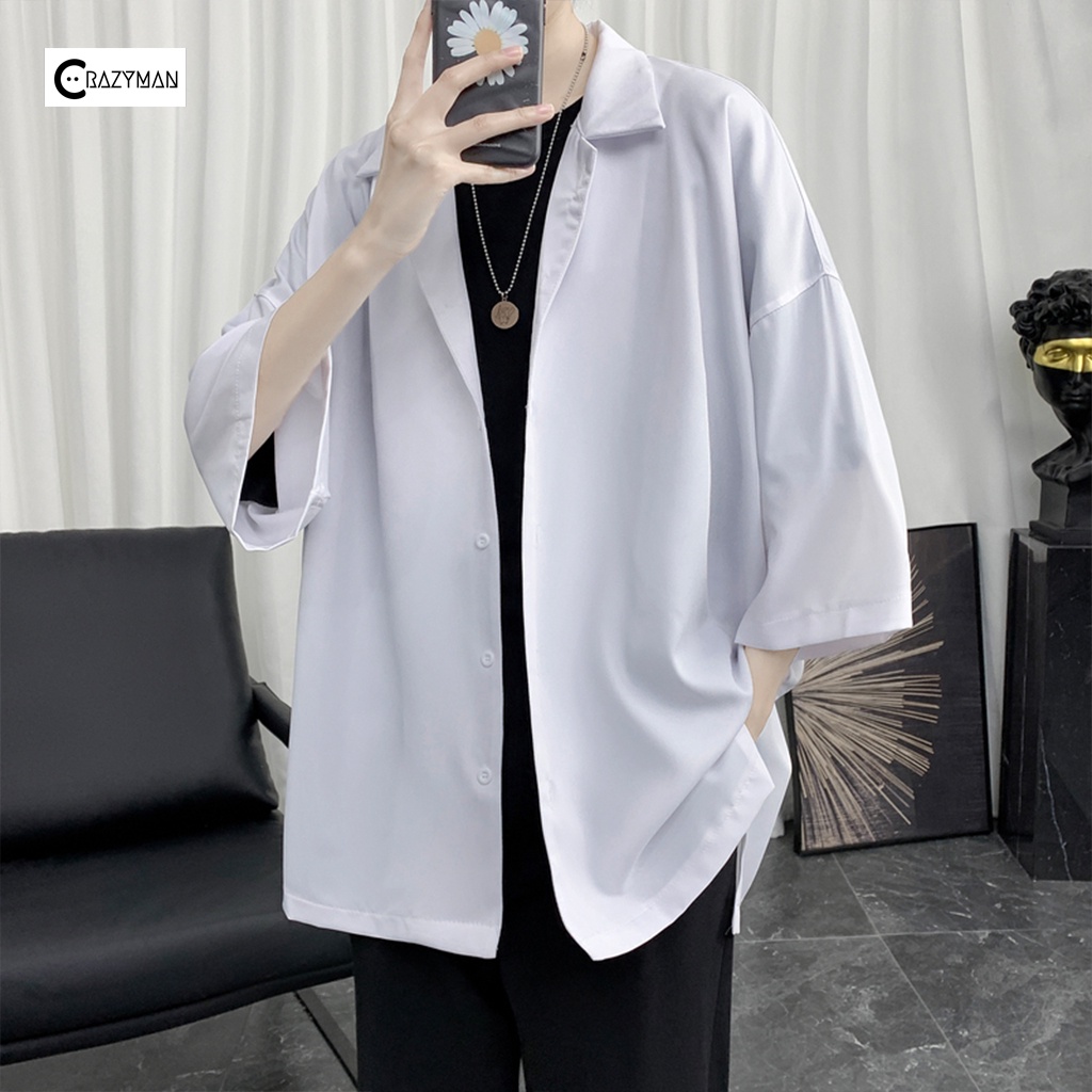 Áo sơ mi cổ vest unisex tay lỡ, áo sơ mi tay ngắn nam nữ form rộng chất vải lụa mịn chống nhăn