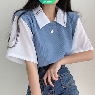 Image of Sanrios Anime KawaiiInsins Polo Collar Fake Two-piece College Style Simple Contrasting Color Short-sleeved Lapel T-shirt Women's Loose and Thin Casual All-match Top