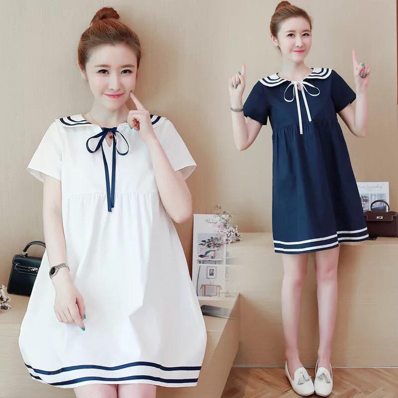 Váy Bầu Babydoll Nơ Cổ Phối Viên Chân Váy