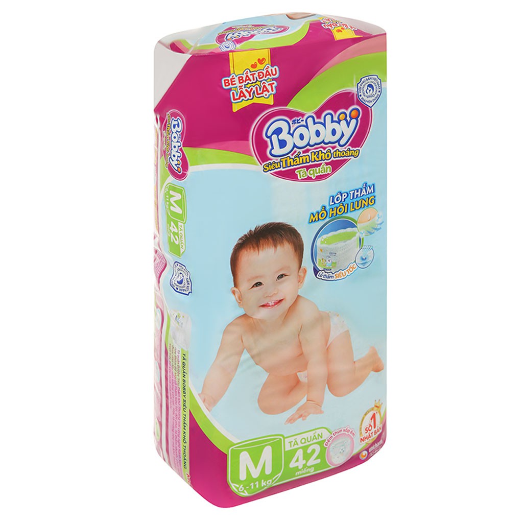 [CHÍNH HÃNG] Bỉm - Tã Quần Bobby Siêu Thấm Khô Thoáng Size M42 (Lớp thấm mồ hôi lưng, cho bé 6-11kg)