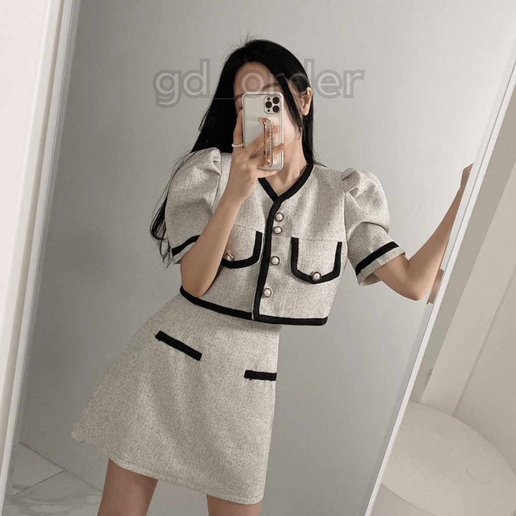 B55|Set bộ sang trọng áo cổ V viền nổi bật thanh lịch, váy chữ A cạp cao màu đen, trắng gd_order
