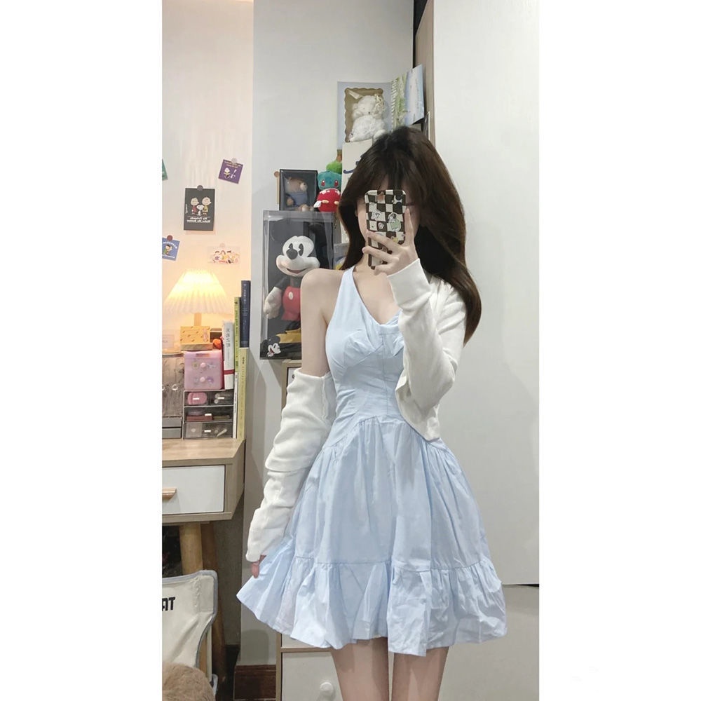 Bộ Áo Khoác Cardigan Chống Nắng + Đầm Hai Dây Cổ Chữ V Thiết Kế Mới Thời Trang Mùa Hè Dành Cho