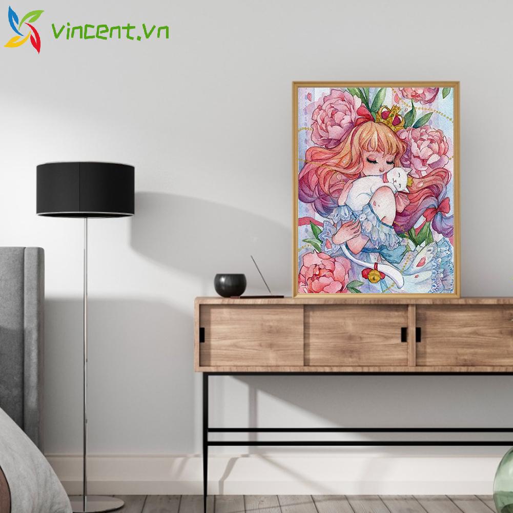 Tranh Thêu Chữ Thập DIY Hình Cô Gái Và Hoa Trang Trí