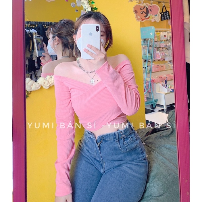 Áo Croptop Tay Dài Đắp Chéo Chất Thun Gân Kiểu Mới YUMI BÁN SỈ Áo Dài Tay Trễ Vai Đắp Chéo Siêu Hot 2022
