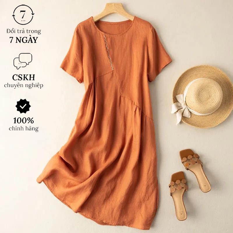 Đầm linen dáng suông màu cam sang chảnh, Đầm trung niên nữ form rộng 2 túi sườn