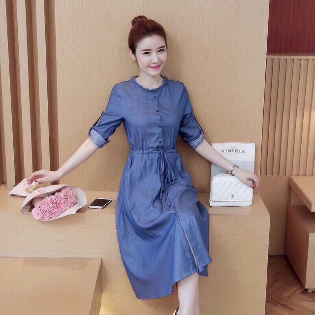 Đầm jean xòe denim eo rút dây, váy bò cổ viền bèo - DTH