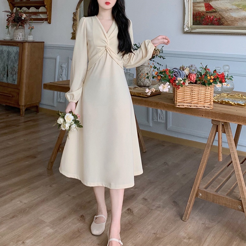 Đầm PERTY tay dài phồng cổ chữ V dáng vừa vặn thời trang Hàn Quốc quyến rũ