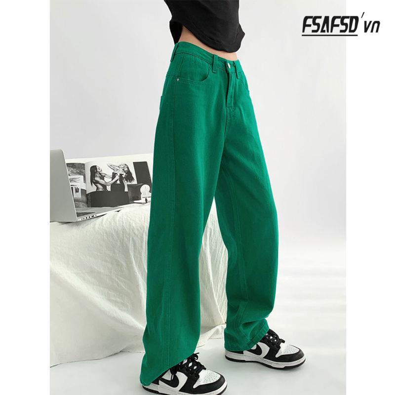 Quần Jean Ống Rộng Màu Xanh Lá Phong Cách Âu Mỹ Thời Trang Mới 2022 Dành Cho Bạn Nữ