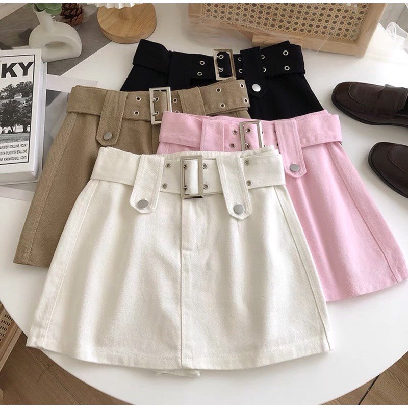 Chân váy bò kèm đai có quần trong , Quần giả váy jean kaki kèm đai siêu hot hit 4 màu trắng đen hồng nâu be